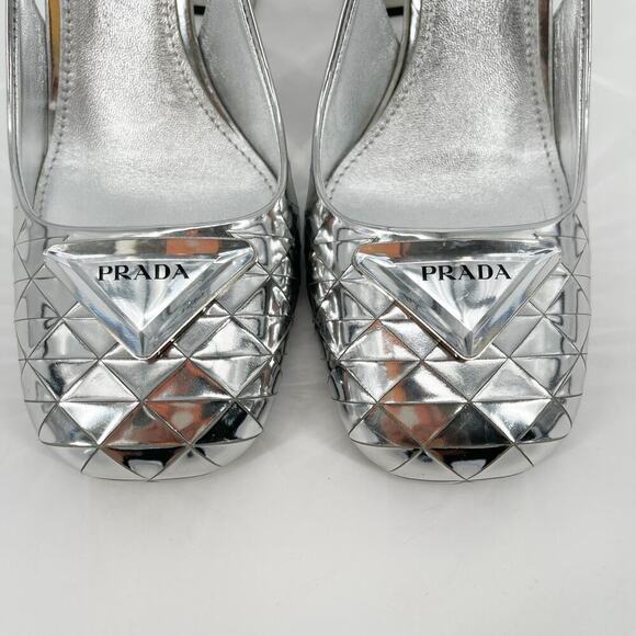 Prada Geometric Silver Metallic Logo Triangle Slingback Pumps In Argento IT 38 - Picture 7 of 13